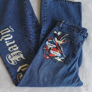 Ed Hardy Blue Jeans with Graphic Design